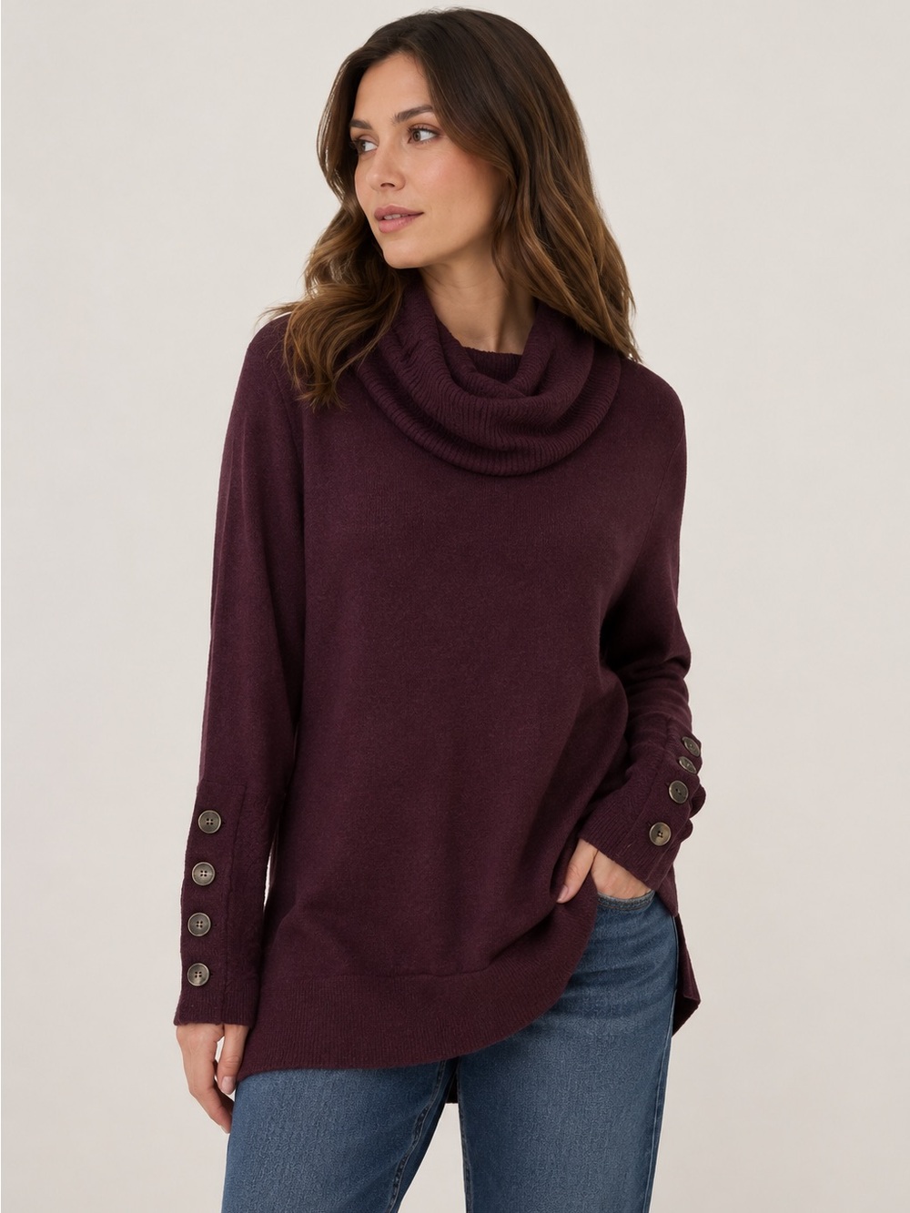 NEW - ELegant Plum Sweater Cowl Neck | Elegant Knit w/ Button Sleeve Detail‎